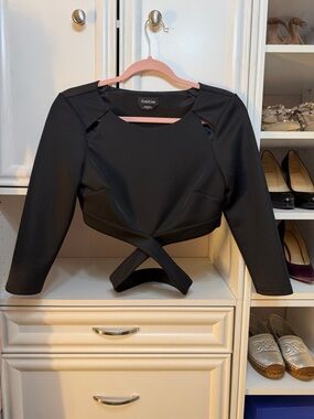 bebe Black Cropped Cutout Wrap-Front Long Sleeve Top